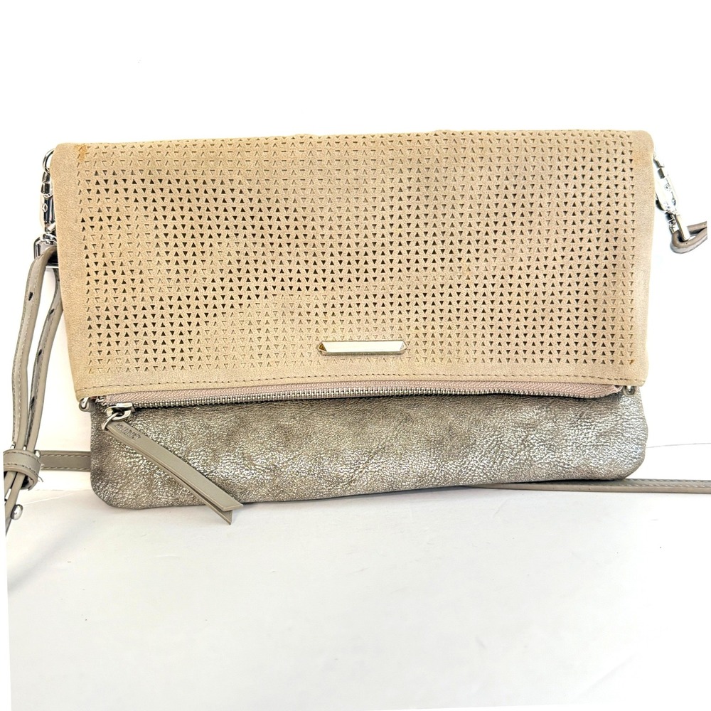 Stella Dot Beige Perforated Metallic Fold Over Clutch Crossbody Bag